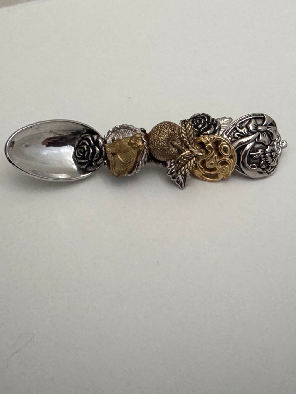 Vintage Style Spoon Brooch Mixed Metal Floral Assemblage Pin Silver & Gold Tone
